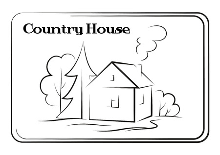 Landscape, Country House with Trees and Smoke Coming from Pipe, Black Contour Pictogram Isolated on White Background. Vectorのイラスト素材