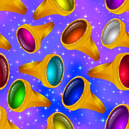 Seamless Background with Precious Gold Rings with Gems of Various Colors on Colorful Pattern, Tile Illustration for Jewelry Web Design. Eps10, Contains Transparencies. Vectorのイラスト素材