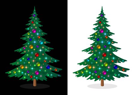 Green Christmas Fir Tree with Bright Colourful Balls and Magic Stars, Holiday Winter Symbol, Isolated on White and Black Background, Contains Transparencies. Vectorのイラスト素材