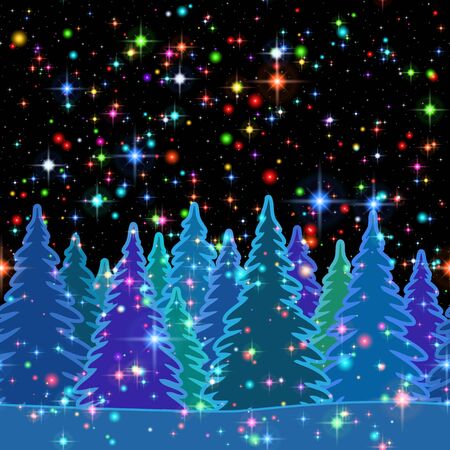 Christmas Horizontal Seamless Background, Magic Landscape with Colorful Fir Trees and Bright Stars on Dark Black Sky, Winter Holiday Illustration. Contains Transparencies. Vectorのイラスト素材