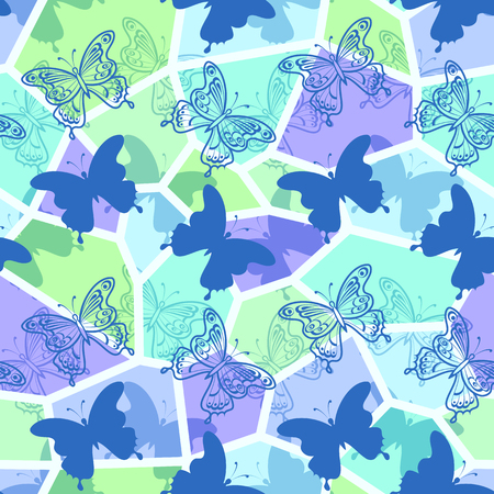 Seamless Holiday Background with Colorful Butterflies Contours and Silhouettes, Abstract Tile Pattern for Your Design. Eps10, Contains Transparencies. Vector.のイラスト素材