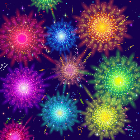 Holiday background with various colorful fireworks, sparks and flashes, contains transparencies vector.のイラスト素材