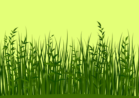Seamless Horizontal Background, Nature, Landscape with Fresh Green Grass and Leaves on Yellow, Tile Pattern for Your Design. Vectorのイラスト素材