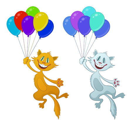 Set of Cartoon Cats, Red and White Funny Pets, Smiling and Flying with Bundle of Colorful Balloons, Isolated on White Background. Vectorのイラスト素材