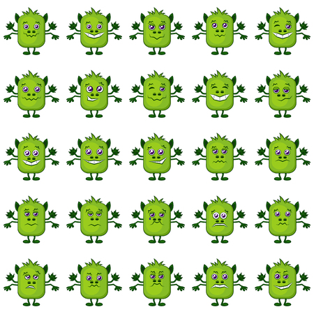 Set of Funny Monsters Smilies, Symbolizing Various Human Emotions and Moods, Cartoon Green Characters with Four Hands, Isolated on White. Vectorのイラスト素材