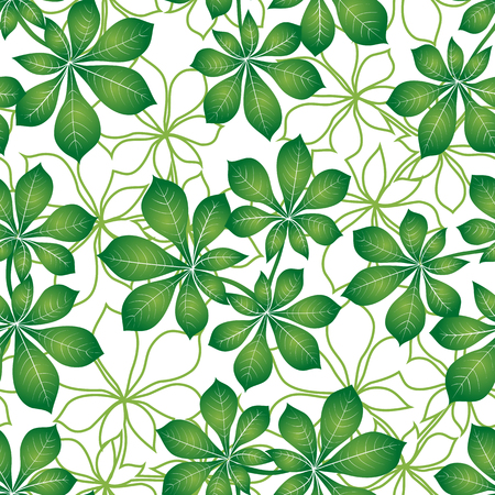 Seamless Background with Green and Contours Leaves of Chestnut, Nature Tile Pattern for Your Design. Vectorのイラスト素材