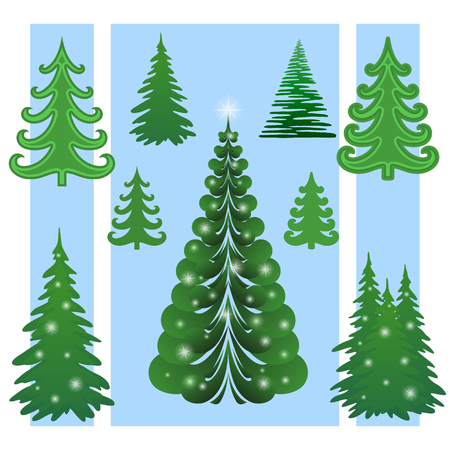 Set of Green Christmas Trees with White Flashes, Winter Symbols for Holiday Design. Vectorのイラスト素材