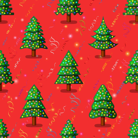Christmas Seamless Background for Holiday Design, Green Fir Trees with Decoration, Red Tile Holiday Pattern with Stars and Serpentine. Vectorのイラスト素材