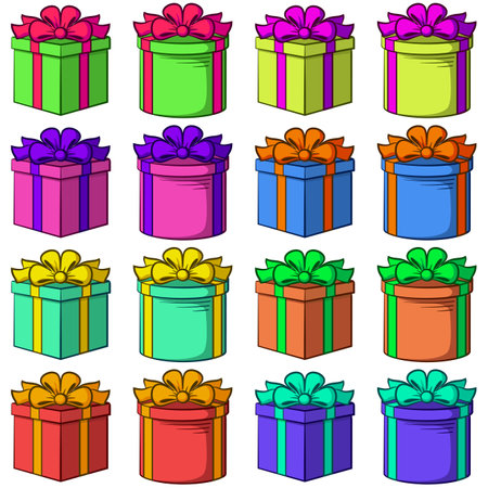 Set Colorful Gift Boxes Square and Round Forms with Bows, Holiday Symbols, Isolated on White Background. Vectorのイラスト素材