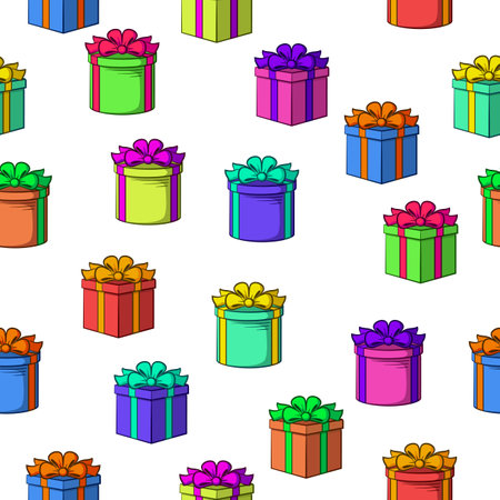Seamless Background with Colorful Gift Holiday Boxes Isolated on White. Tile Pattern for Your Design. Vectorのイラスト素材