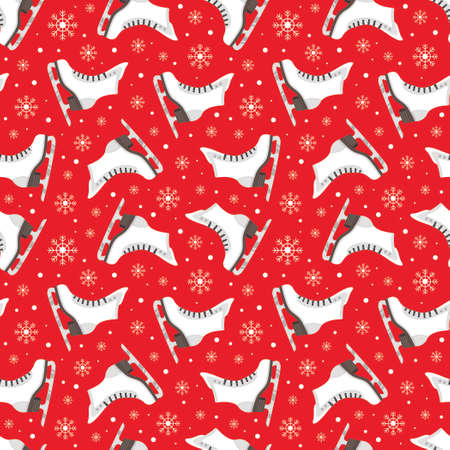 Ice figure skate shoes and snowflakes flat design on red background seamless pattern. Vector illustration.のイラスト素材