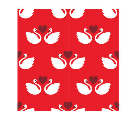 Stylized swan bird in love on red background seamless pattern. Vector illustration.のイラスト素材
