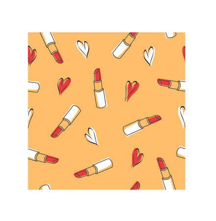Lipstick and hearts fashion seamless pattern. Pop art retro style. Vector illustration.のイラスト素材