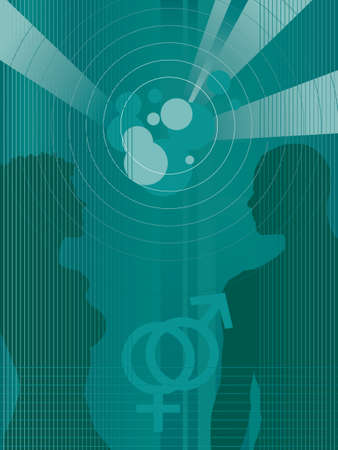 A stylized green abstract background with male and female sexual symbols  Icon elements are on a separate layer and can be easily removed  Gradients only  no transparencies のイラスト素材