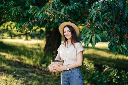Portrait of a young cheerful woman in a straw hat with a basket, harvests sweet cherries in the garden. Agritourism Eco productsの写真素材