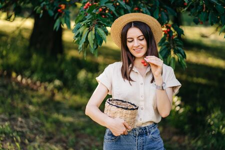 Portrait of a young cheerful woman in a straw hat with a basket eating cherriesの写真素材