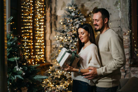 Portrait of a young happy family near a festive Christmas tree giving gifts. The couple hugs each other tenderly. Good New Year spirit. High quality photoの写真素材