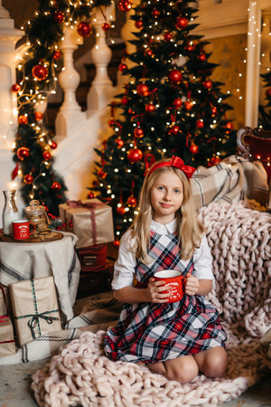 Good New Year spirit. Little blonde girl sitting near a Christmas tree with a gift waiting for Santa. High quality photoの写真素材