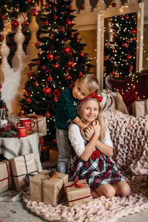 Little boy and girl are sitting near the Christmas tree and hugging. Happy brother and sister. High quality photoの写真素材
