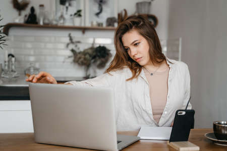 Working at home. Freelance concept. Pretty young woman using laptop in kitchen. High quality photo