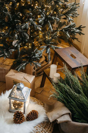 Christmas decorations hanging on fir tree. christmas tree detail. High quality photoの写真素材