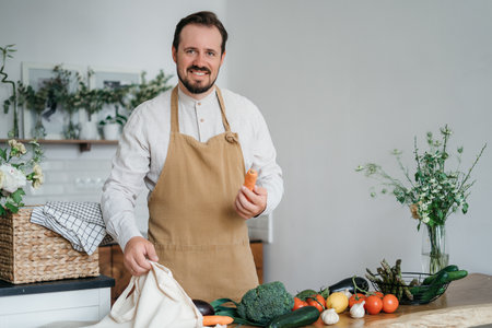 Handsome man with green ingredients and spicy herbs preparing healthy food in the kitchen. High quality photoの写真素材