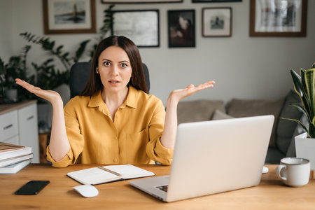 Irritated angry young business lady, company director, supervisor, annoyed looking at laptop screen while sitting in office, gesturing with hands, annoyed by poor performance of employeesの写真素材