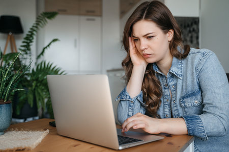 Sad woman looking annoyed and stressed, sitting at the desk, using a laptop, thinking, feeling tired and bored with depression problems. High quality photoの写真素材