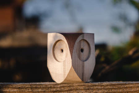 a small wooden toy owl with big eyes sits on a wooden fence. eco toys conceptの写真素材