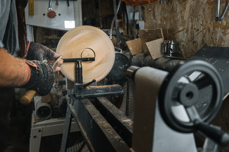 a man in a working apron works on a wood turning lathe. hands hold a chisel. hobbyの写真素材
