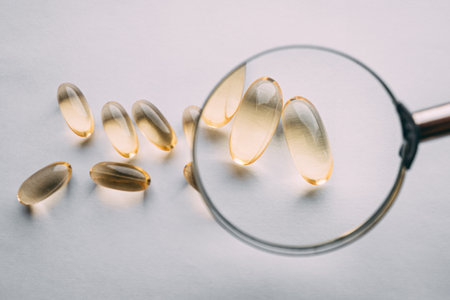yellow transparent omega 3 capsules under a magnifying glass. vitamin development conceptの写真素材