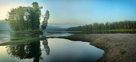 River creek with an island with trees panorama