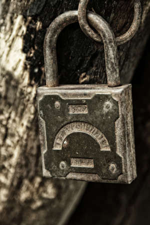 Old padlock hanging on the rotting jambの写真素材