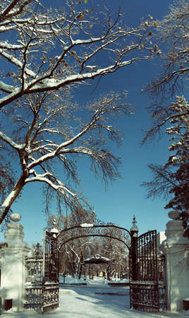 Open gate in the winter parkの写真素材