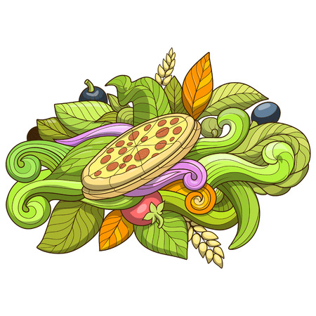 Pizza hand-drawing ornament design vector illustration, black and white, abstract, pizzaのイラスト素材