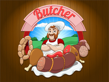 Character butcher vector illustration on brown wooden backgroundのイラスト素材