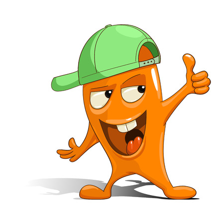 Orange cartoon alien character in green cap with finger vector illustrationのイラスト素材