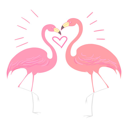 Flamigo pink birds with heart doodle hand drawn vector illustrationのイラスト素材