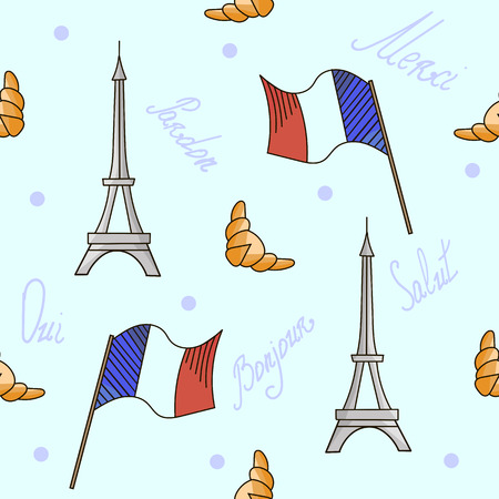 French symbols seamless doodle hand drawn pattern blue colorのイラスト素材