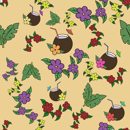 Hawaii cocktail seamless doodle hand drawn pattern yellow colorのイラスト素材