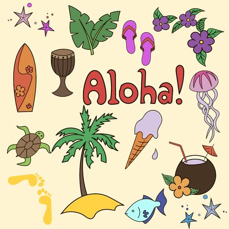 Hawaii cocktail symbols doodle hand drawn yellow colorのイラスト素材
