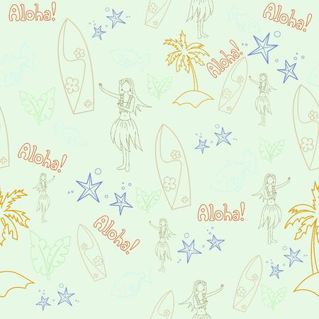 Hawaii cocktail seamless doodle hand drawn pattern aloha girlのイラスト素材