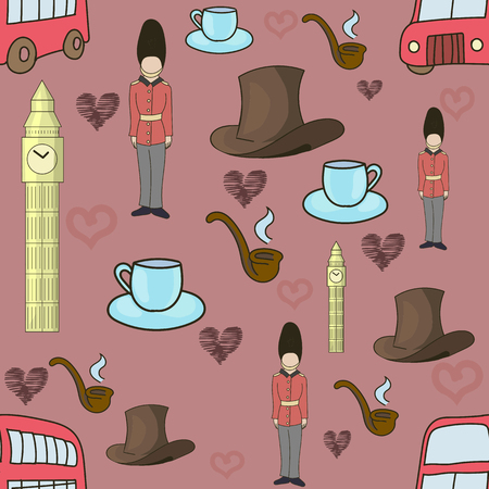 United Kingdom seamless doodle hand drawn pattern red colorのイラスト素材