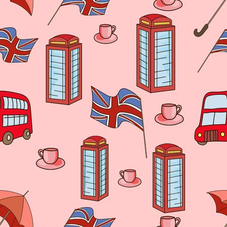 Great Britain symbols  seamless pattern doodle hand drawn pink colorのイラスト素材