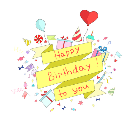 Birthday ribbon frame for text placeholder doodle hand drawn vector illustrationのイラスト素材