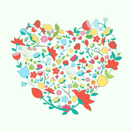 Heart and flowers vivid color doodle hand drawn vector illustrationのイラスト素材