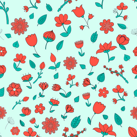 Seamless pattern red fowers doodle hand drawn vector illustrationのイラスト素材