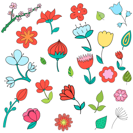 Different color flowers doodle hand drawn vector illustrationのイラスト素材