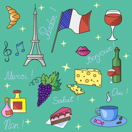 French symbols pattern doodle hand drawn vector illustrationのイラスト素材