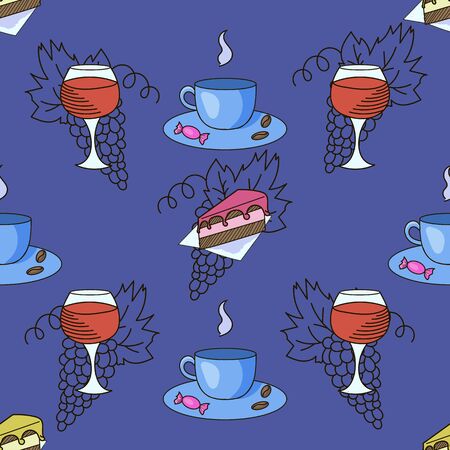 Grapes wine coffee cafe vector doodle hand drawn seamless patternのイラスト素材